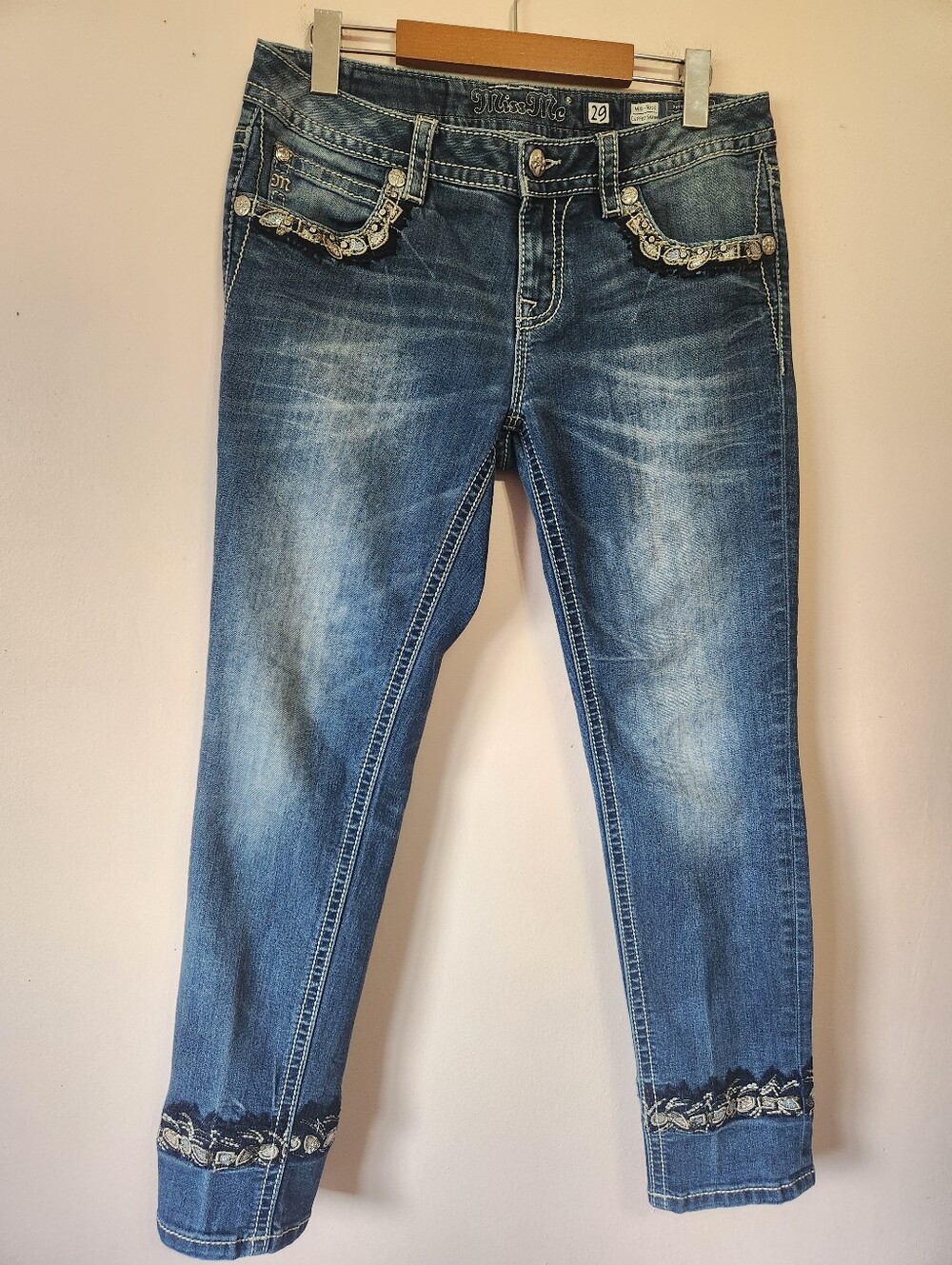 Miss Me Y2K McBling Embellished Sequin Cuffed Skinny Jeans Med Wash Size 29